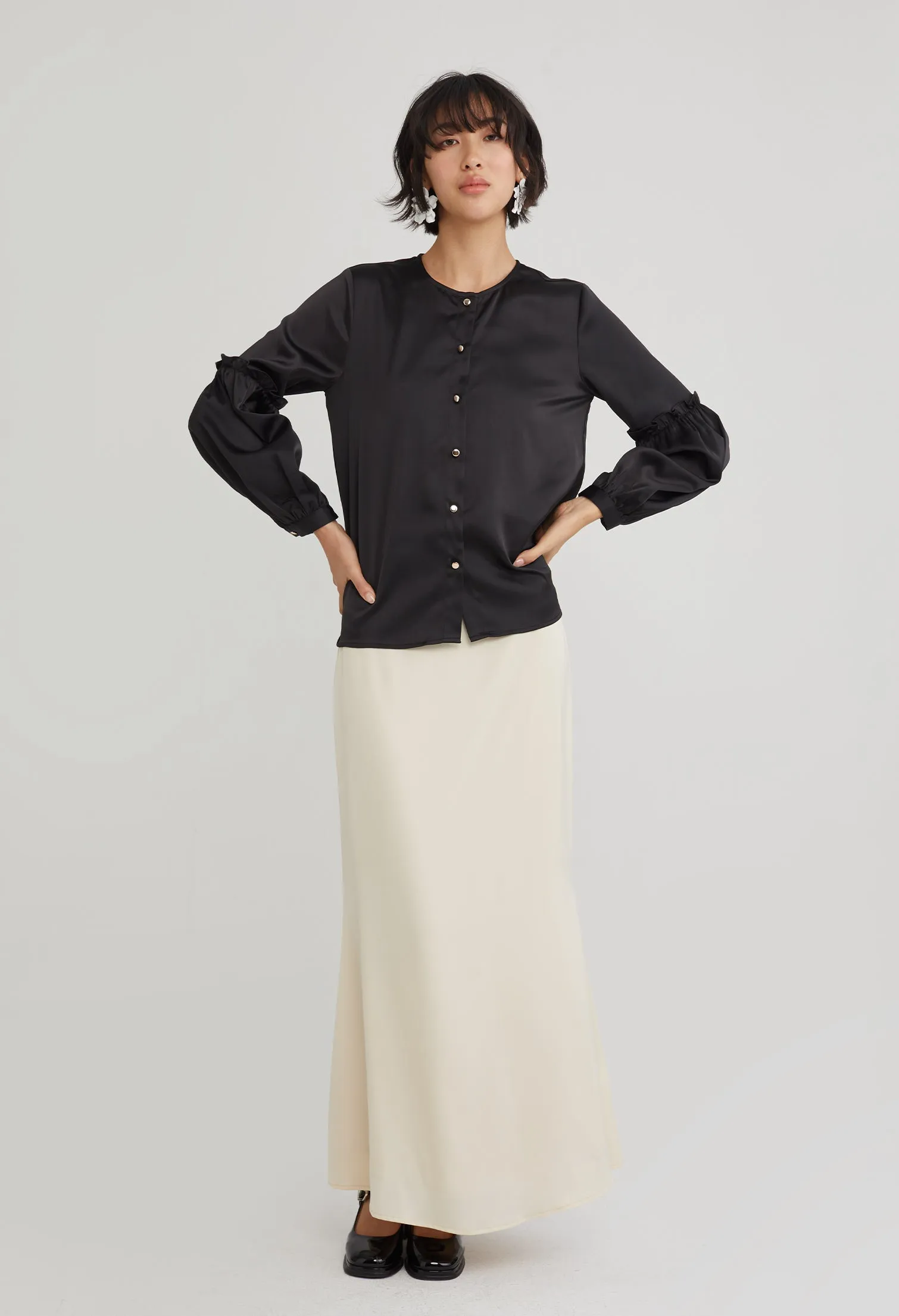 Round Neck Tiered Trumpet Sleeve Blouse
