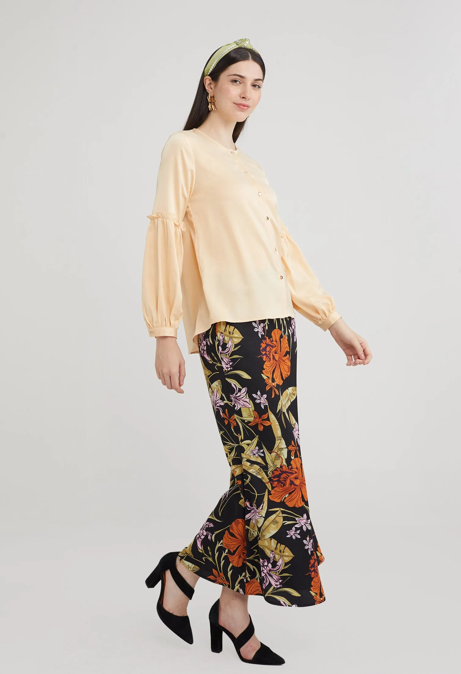 Round Neck Tiered Trumpet Sleeve Blouse