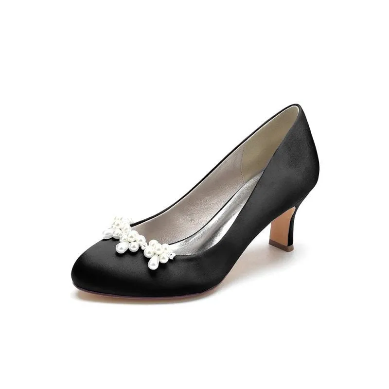 Round Toe Pearl Chunky Heels