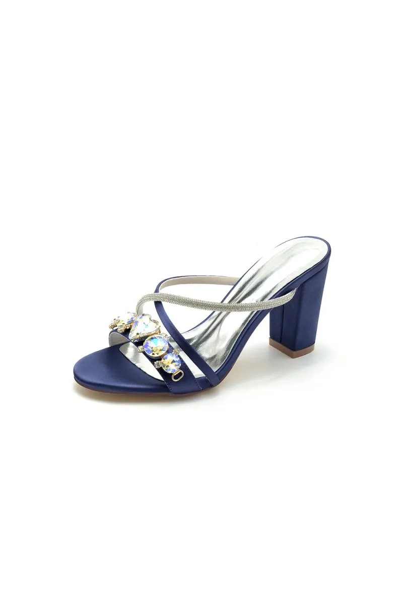 Royal Blue Block Heels with Rhinestone