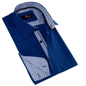 Royal Blue inside White Printed Double Cuff Shirt Mens Slim Fit Designer French Cuff Shirt - tailored Cotton Shirts for Work and Casual Wear