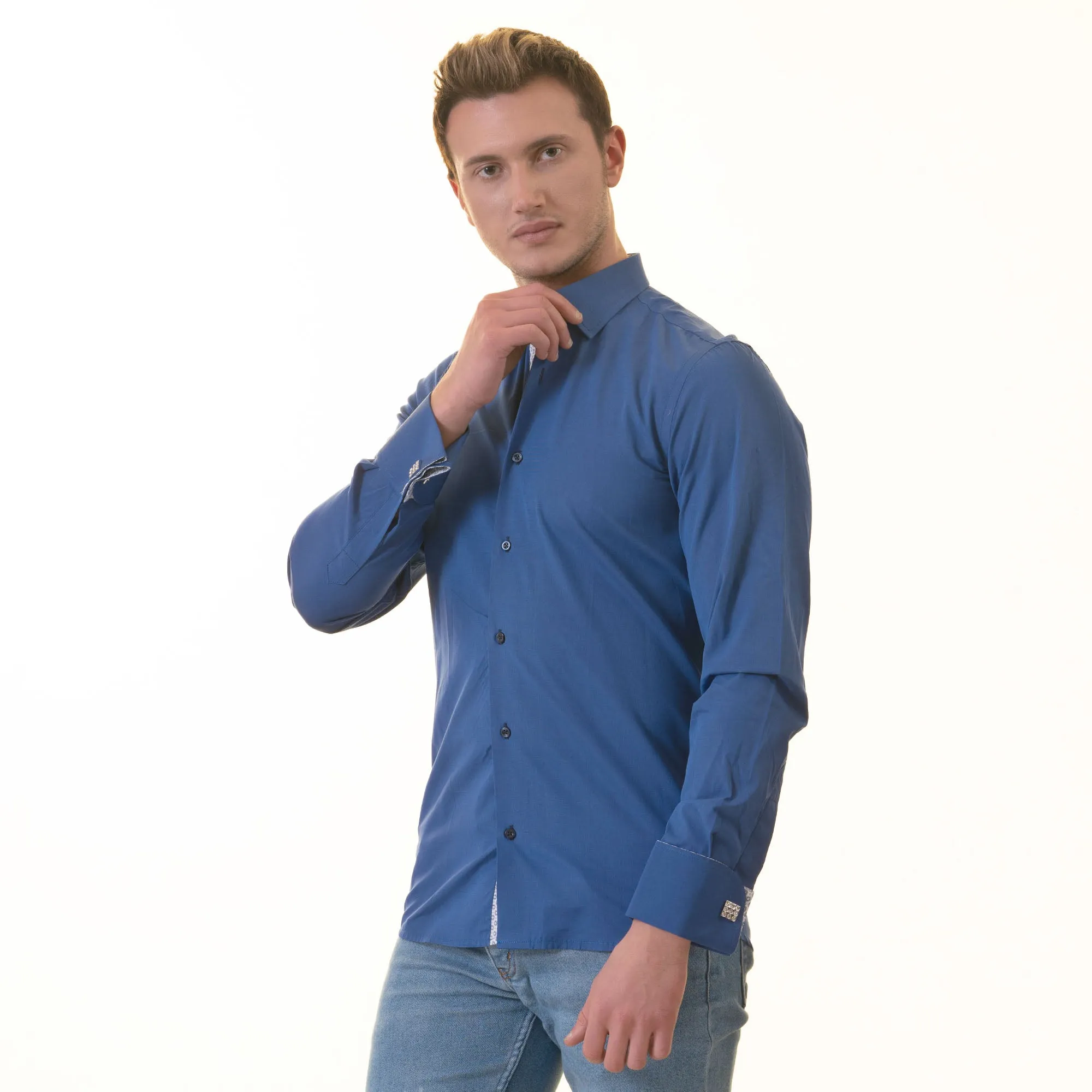 Royal Blue inside White Printed Double Cuff Shirt Mens Slim Fit Designer French Cuff Shirt - tailored Cotton Shirts for Work and Casual Wear