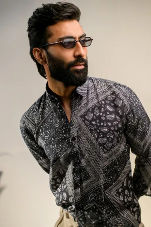 Rustic Boho Black Bandana Silk Oxford Collar Shirt For Men