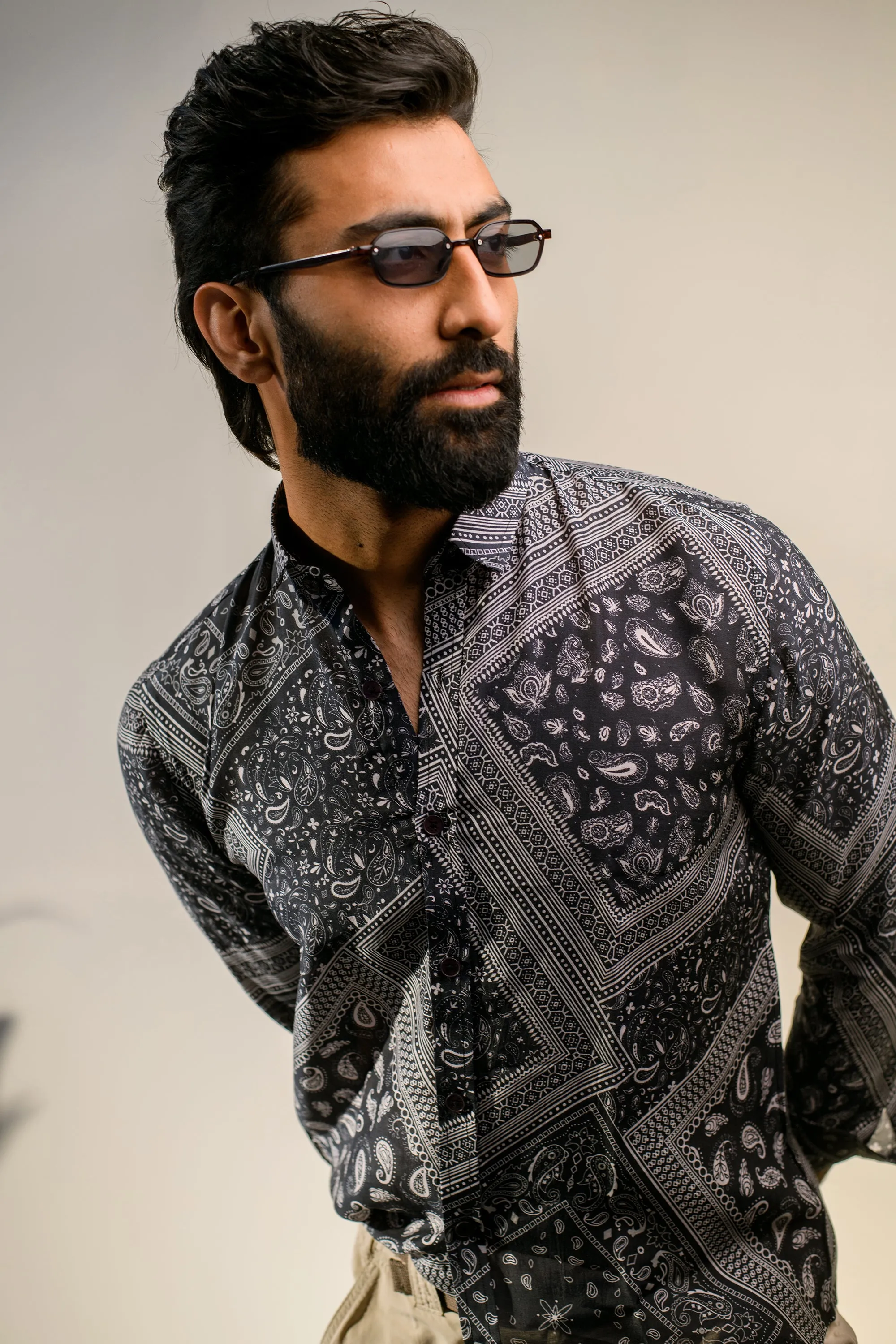 Rustic Boho Black Bandana Silk Oxford Collar Shirt For Men