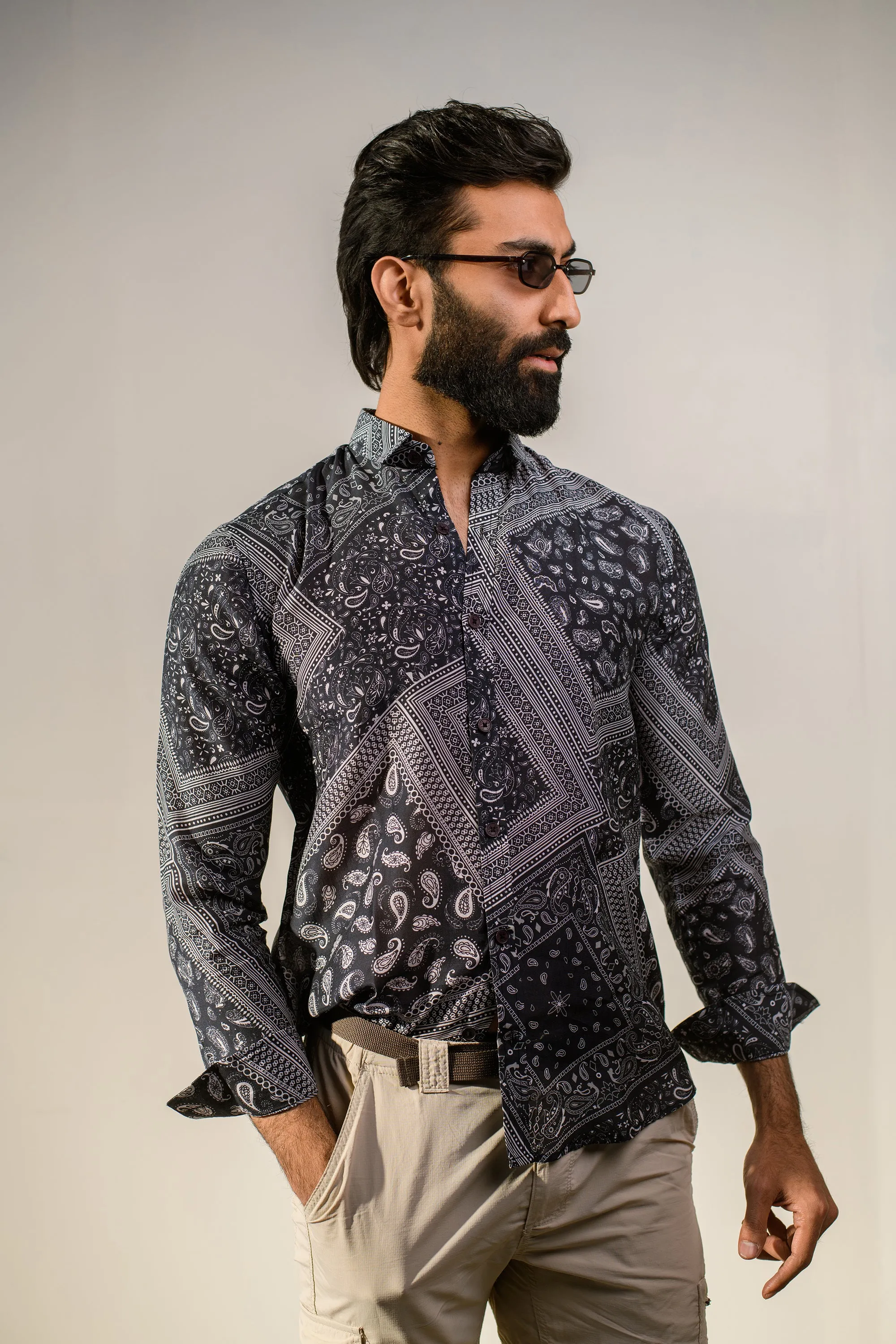 Rustic Boho Black Bandana Silk Oxford Collar Shirt For Men