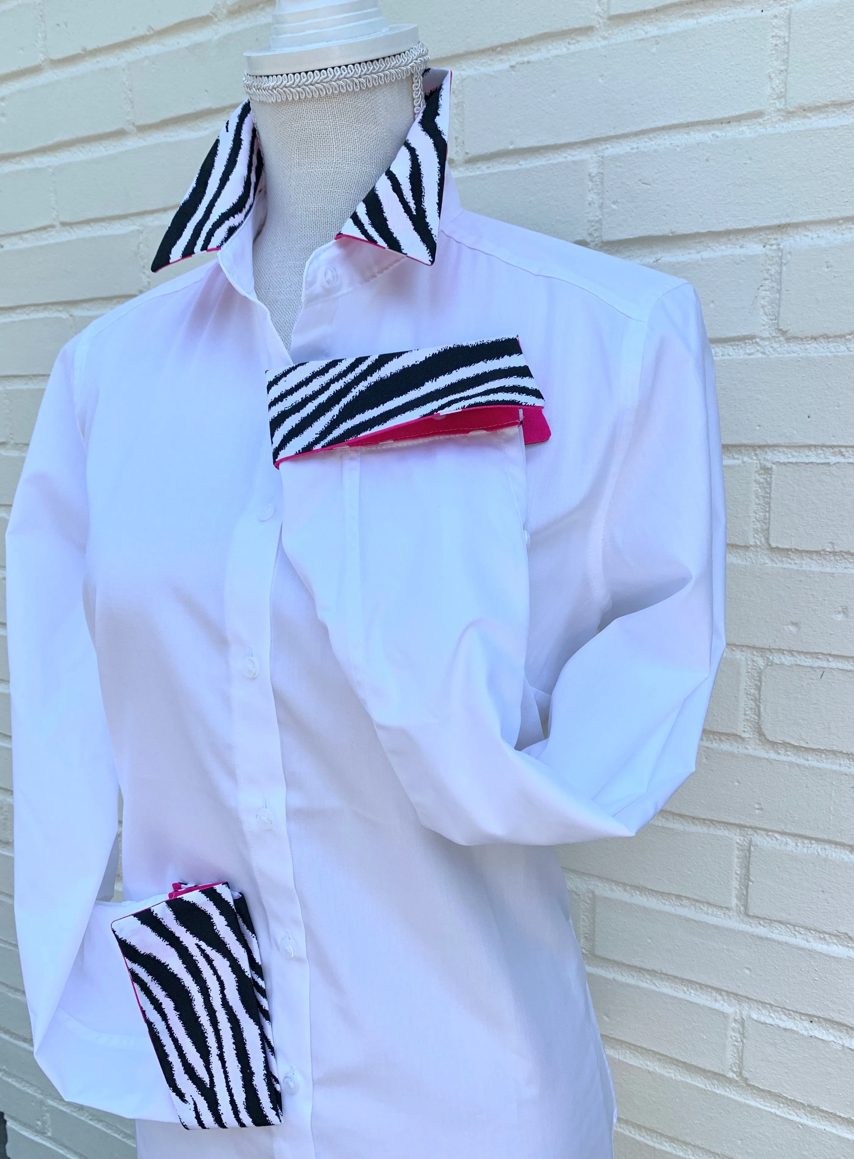 SALE - S ONLY - Diana French Cuff White w Zebra / Pink  (DFC06) *FINAL SALE*
