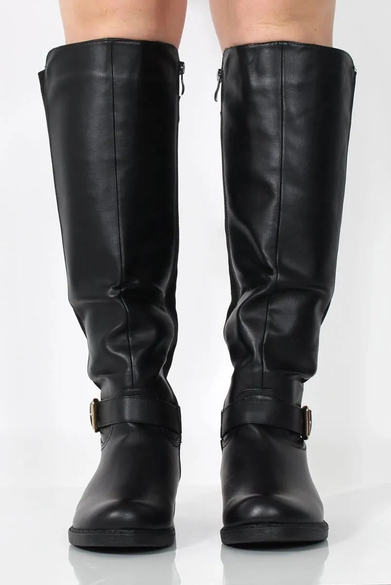 Sally Black Faux Leather/Suede Knee High Boots