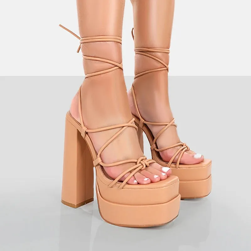 Sandals Sexy Chunky High Heels Pumps Platform Dress Shoes Party Wedding Shoes Cross Lace Up Female Sandals