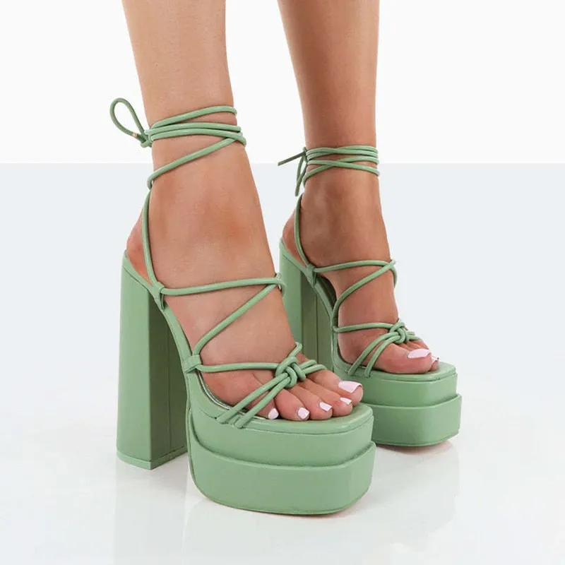 Sandals Sexy Chunky High Heels Pumps Platform Dress Shoes Party Wedding Shoes Cross Lace Up Female Sandals