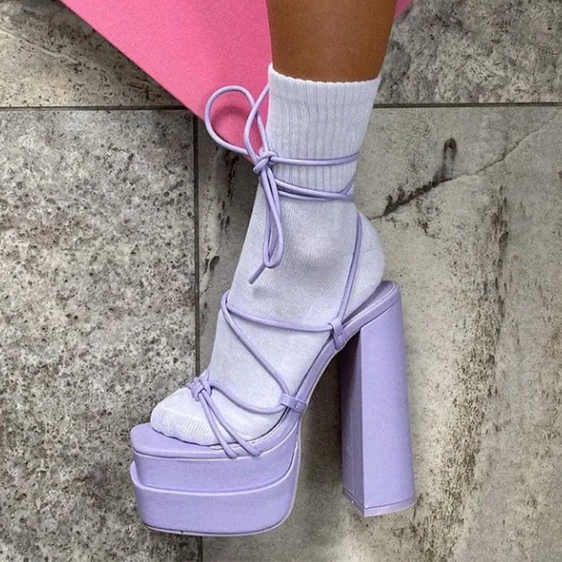 Sandals Sexy Chunky High Heels Pumps Platform Dress Shoes Party Wedding Shoes Cross Lace Up Female Sandals