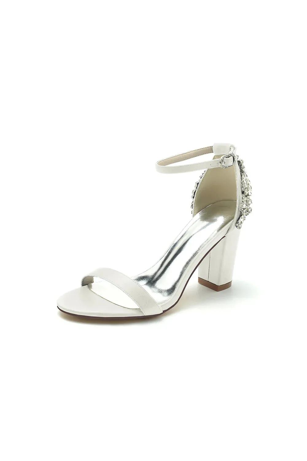 Satin Chunky Heels with Rhinestone