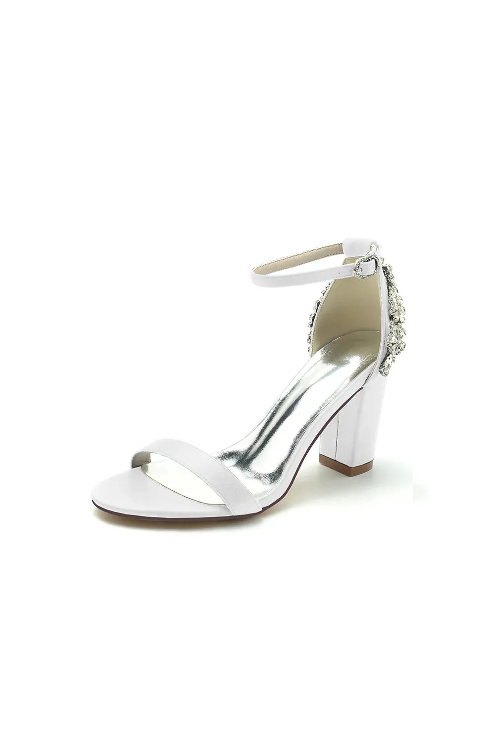 Satin Chunky Heels with Rhinestone