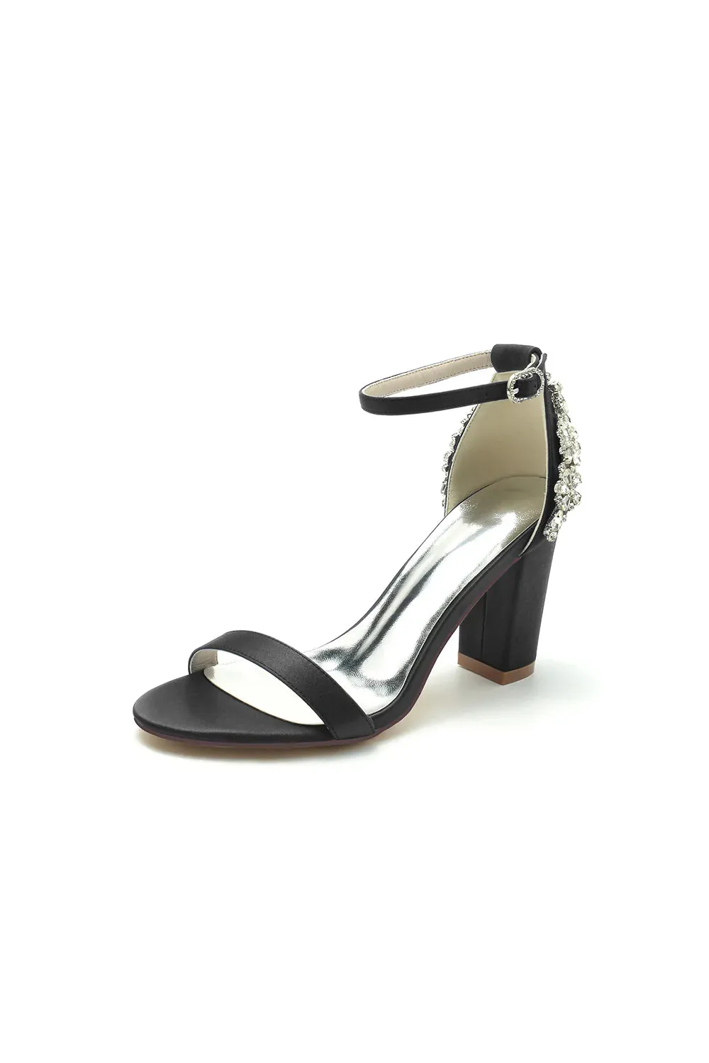 Satin Chunky Heels with Rhinestone