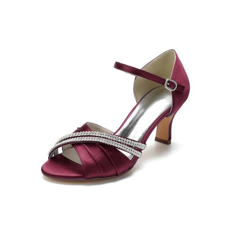 Satin Heels with Elegant Buckle and Rhinestone Detail