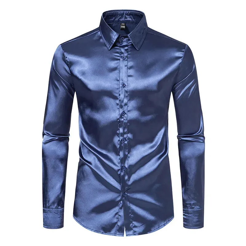 Satin Luxury Dress Shirts Silk Smooth Men Slim Fit