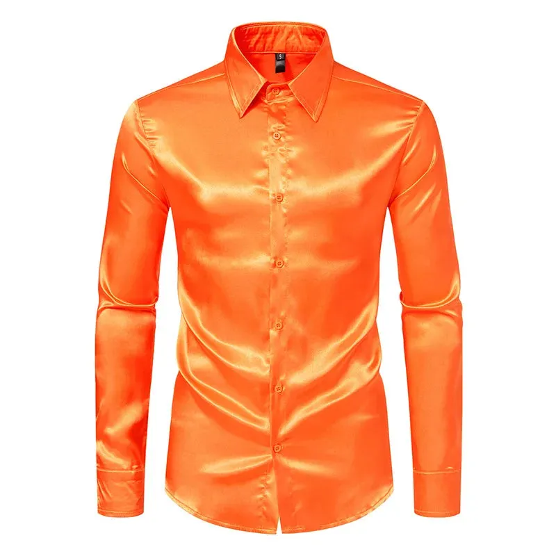 Satin Luxury Dress Shirts Silk Smooth Men Slim Fit