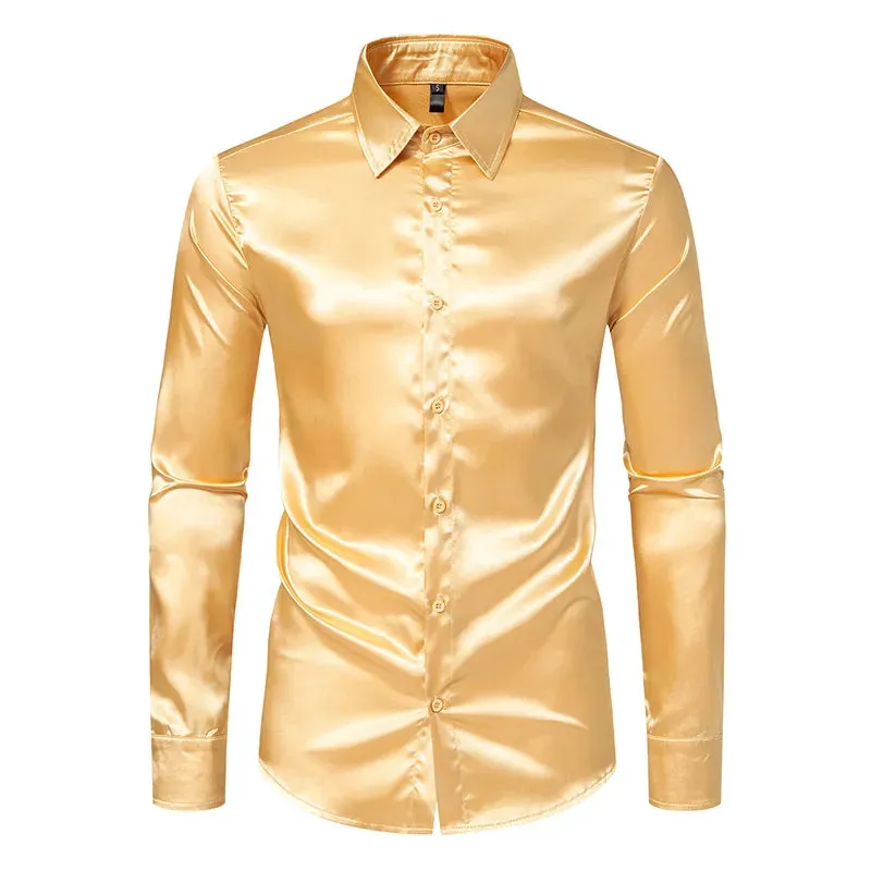 Satin Luxury Dress Shirts Silk Smooth Men Slim Fit