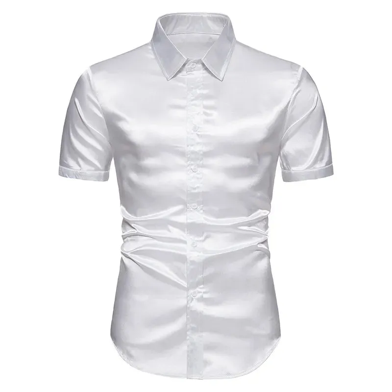 Satin Luxury Dress Shirts Silk Smooth Men Slim Fit