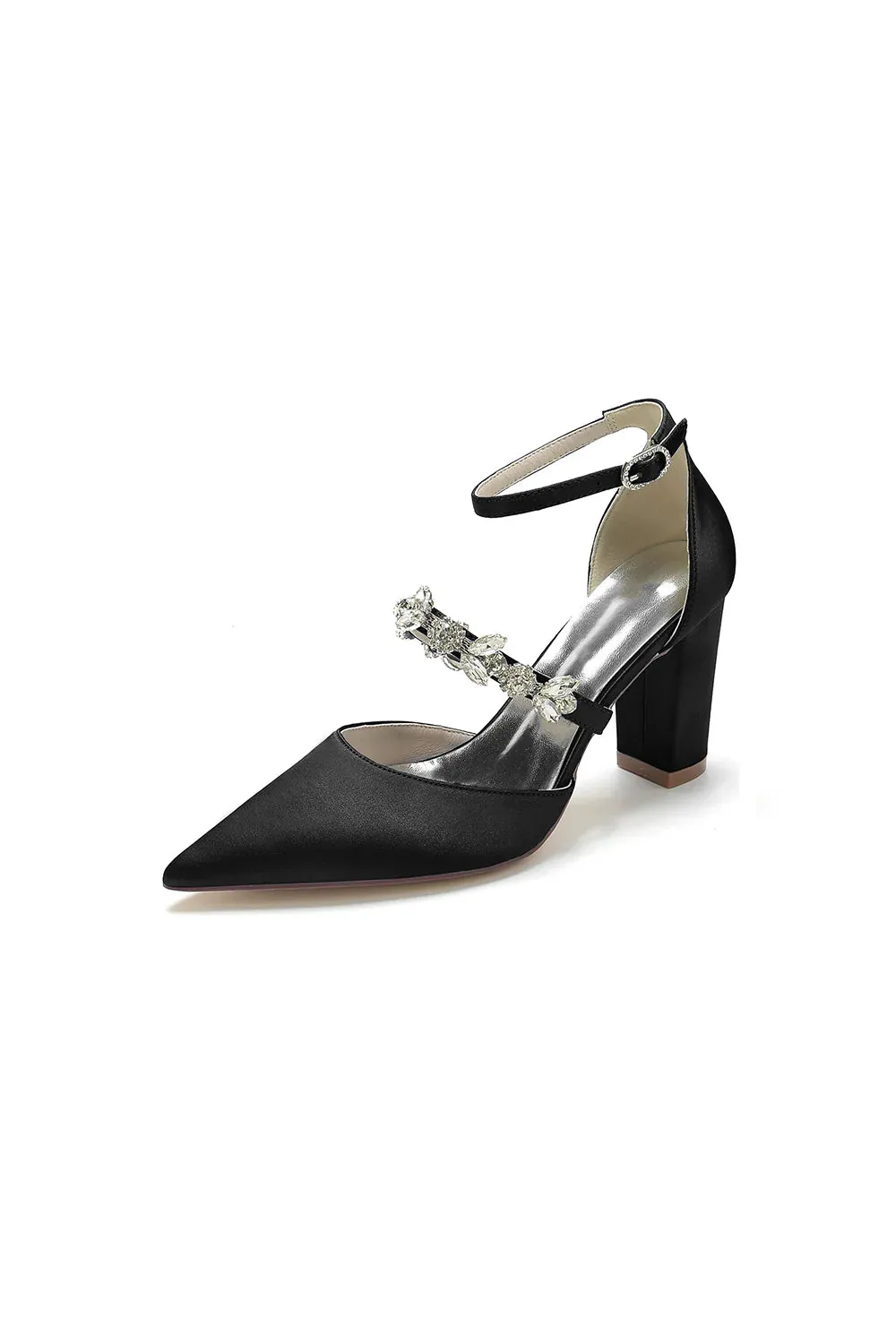 Satin Pointed Toe Rhinestone Strappy Chunky Heels