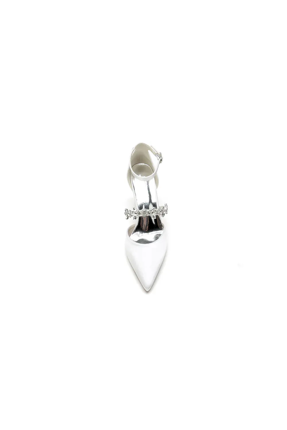 Satin Pointed Toe Rhinestone Strappy Chunky Heels