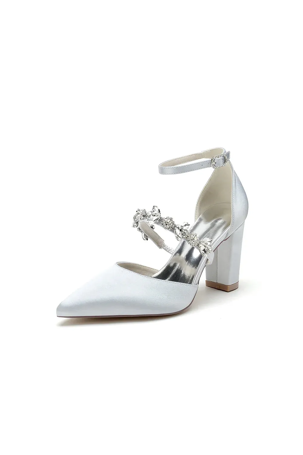 Satin Pointed Toe Rhinestone Strappy Chunky Heels