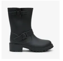 SENORITA Black Rain Boot Ankle Boot - Buckle Strap Detail