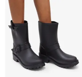 SENORITA Black Rain Boot Ankle Boot - Buckle Strap Detail