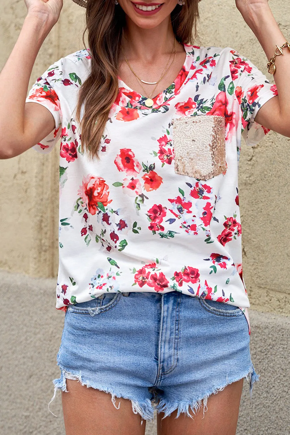 Sequin Pocket V Neck Floral T-shirt