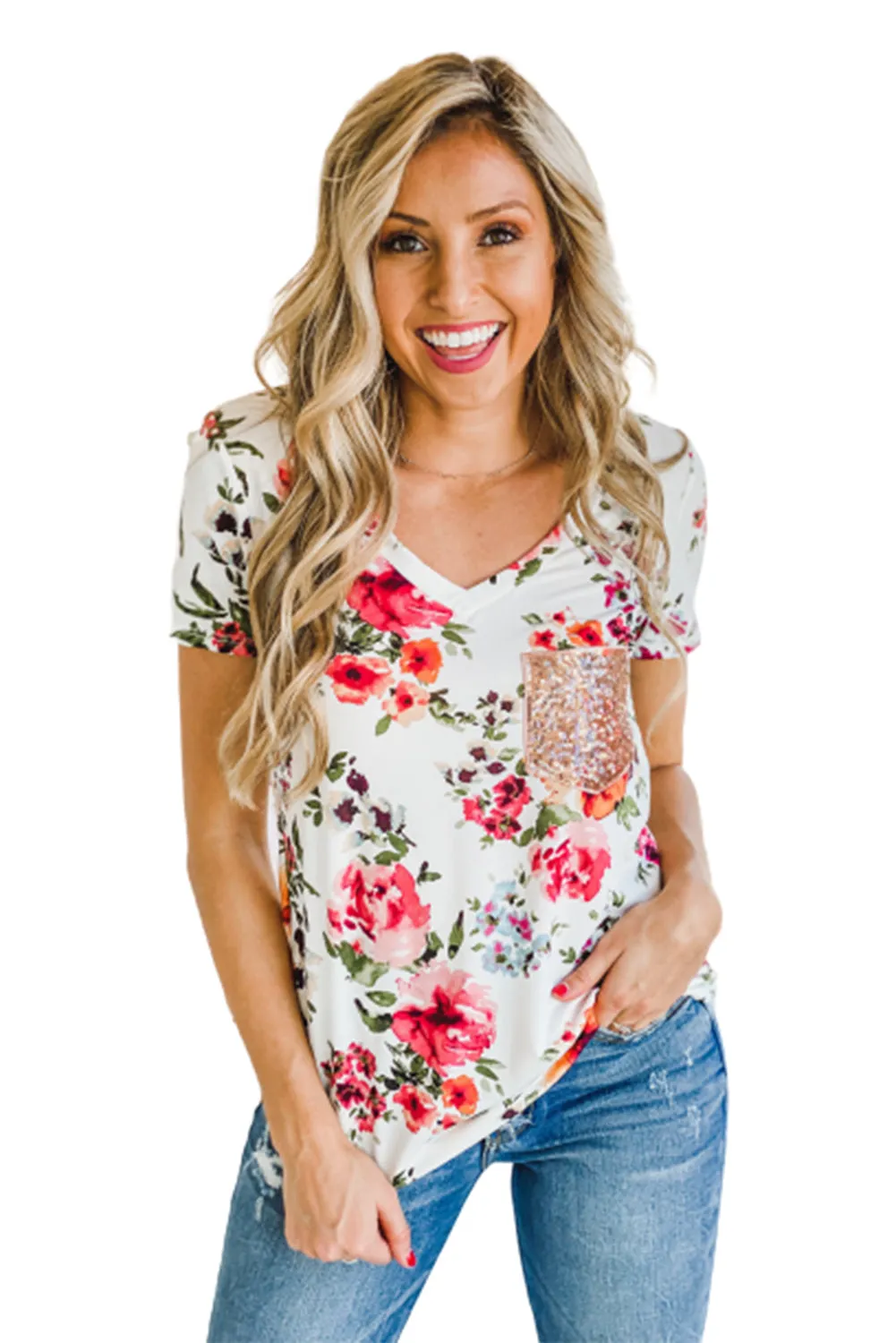 Sequin Pocket V Neck Floral T-shirt