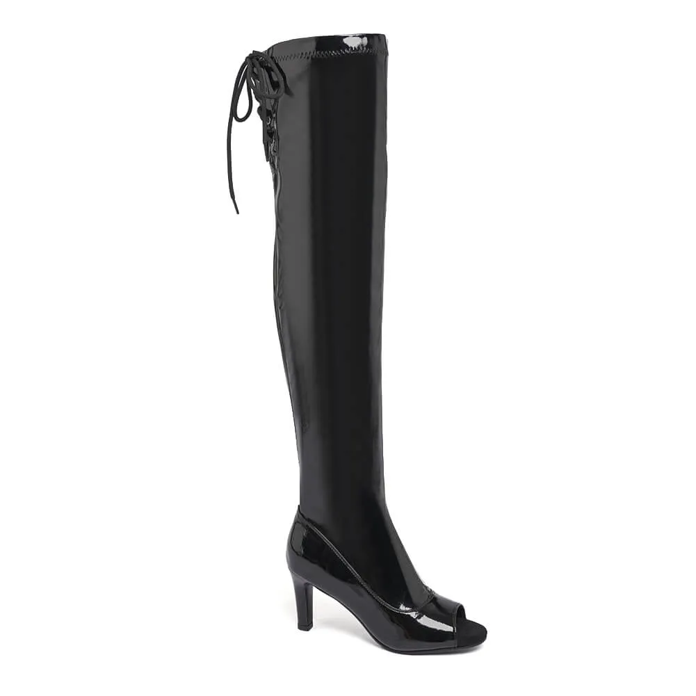 Shiny Black Open-Toe Over-The-Knee Boots