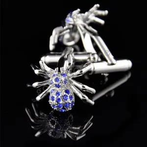 Silver and Blue Mens Stainless Steel Spiders Cufflinks for Shirt with Box - Hand Crafted Perfect