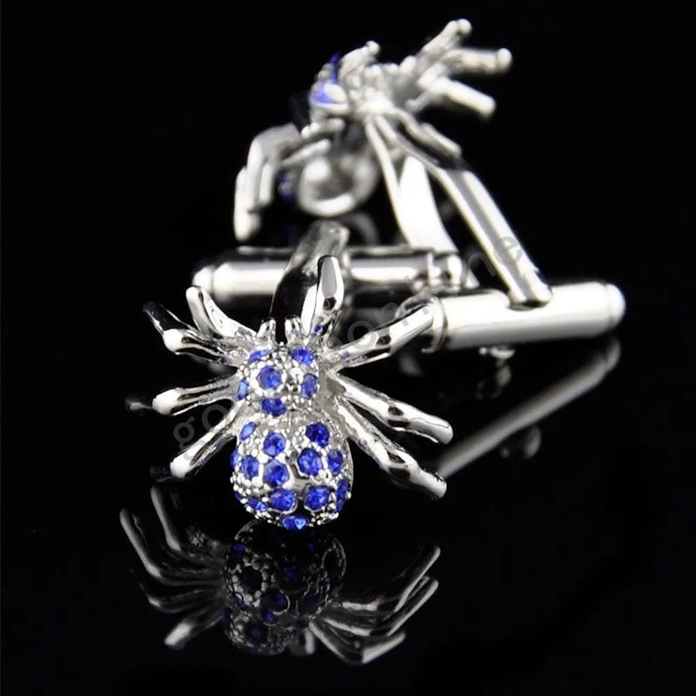 Silver and Blue Mens Stainless Steel Spiders Cufflinks for Shirt with Box - Hand Crafted Perfect