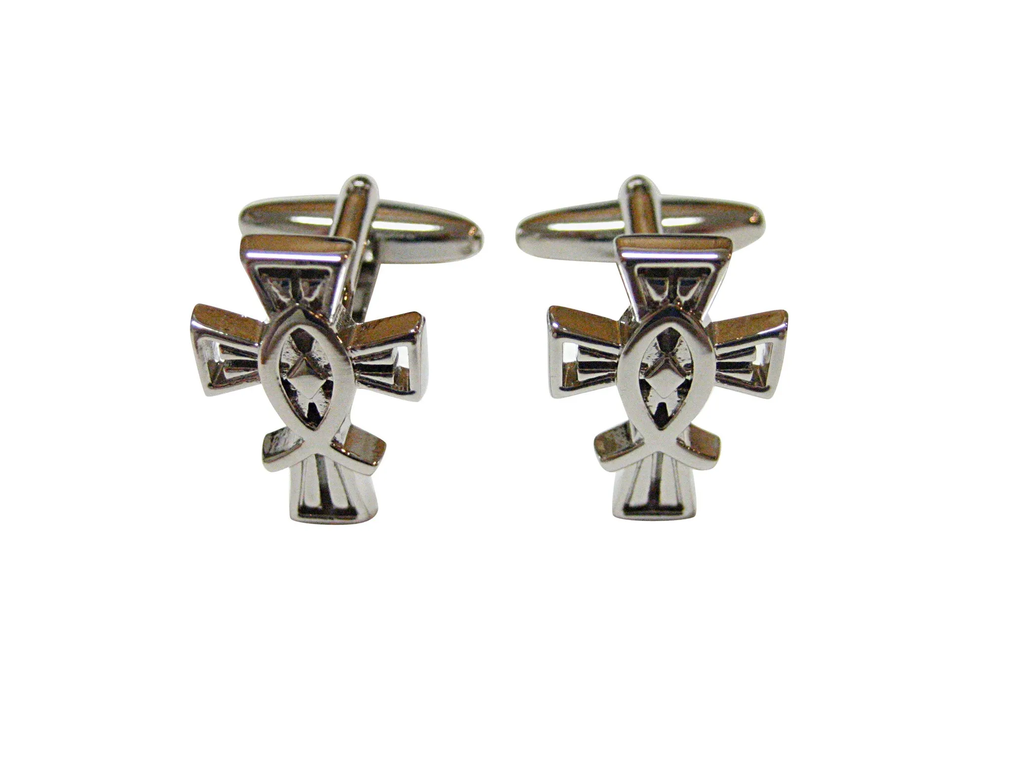 Silver Toned Religious Ichthys Fish and Cross Cufflinks