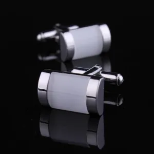 Silver with White Pearl Mens Stainless Steel  Square Cufflinks for Shirt with Box - Hand Crafted
