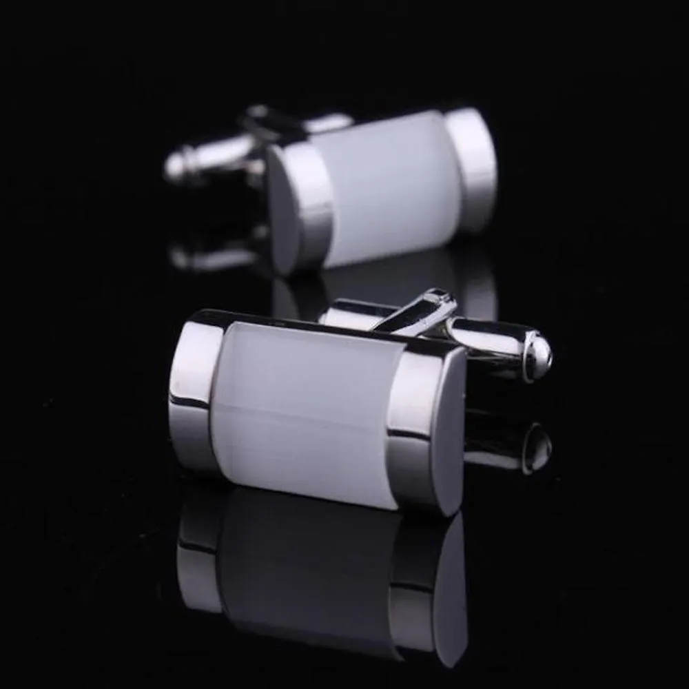 Silver with White Pearl Mens Stainless Steel  Square Cufflinks for Shirt with Box - Hand Crafted