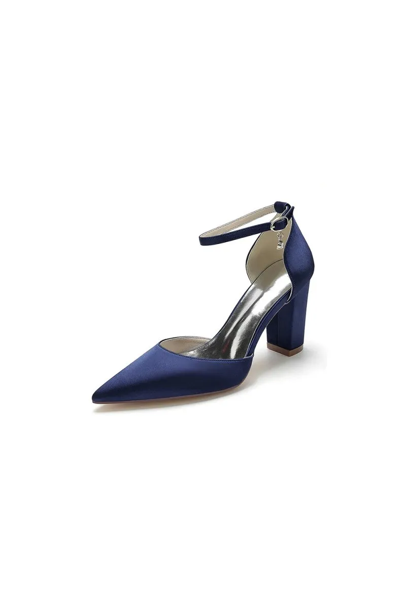 Simple Satin Pointed Toe Ankle Strap Chunky Heel