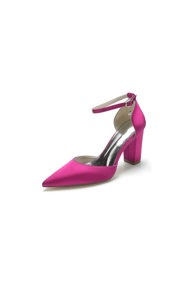 Simple Satin Pointed Toe Ankle Strap Chunky Heel