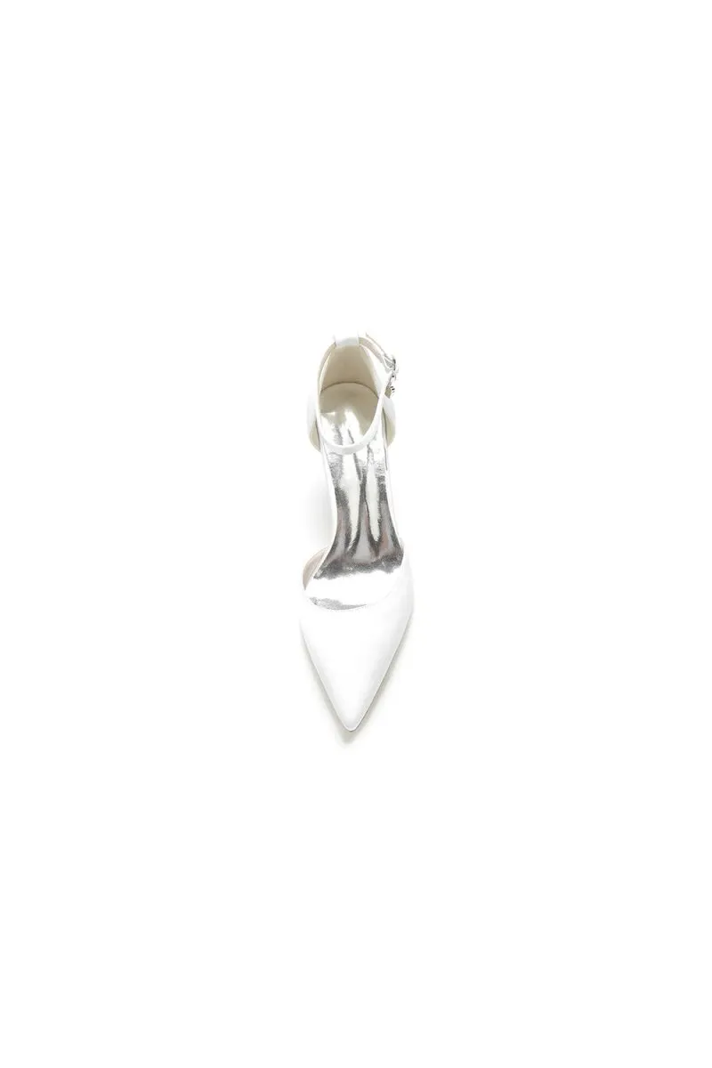 Simple Satin Pointed Toe Ankle Strap Chunky Heel