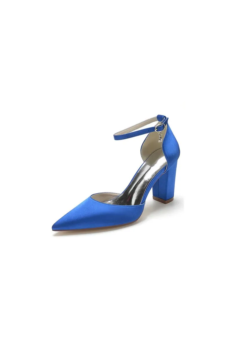 Simple Satin Pointed Toe Ankle Strap Chunky Heel