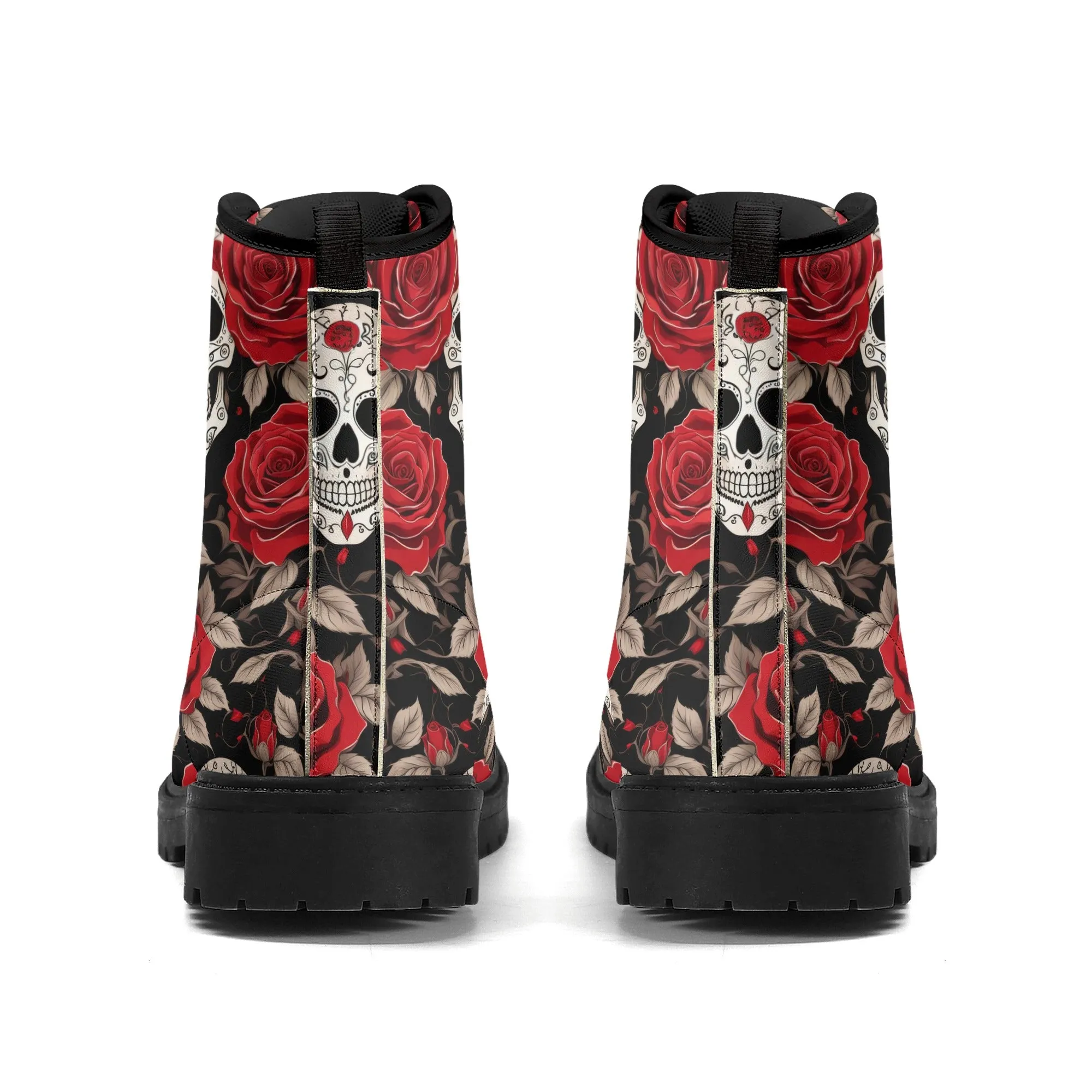 Skull and Red Roses Womens Vegan Combat Boots