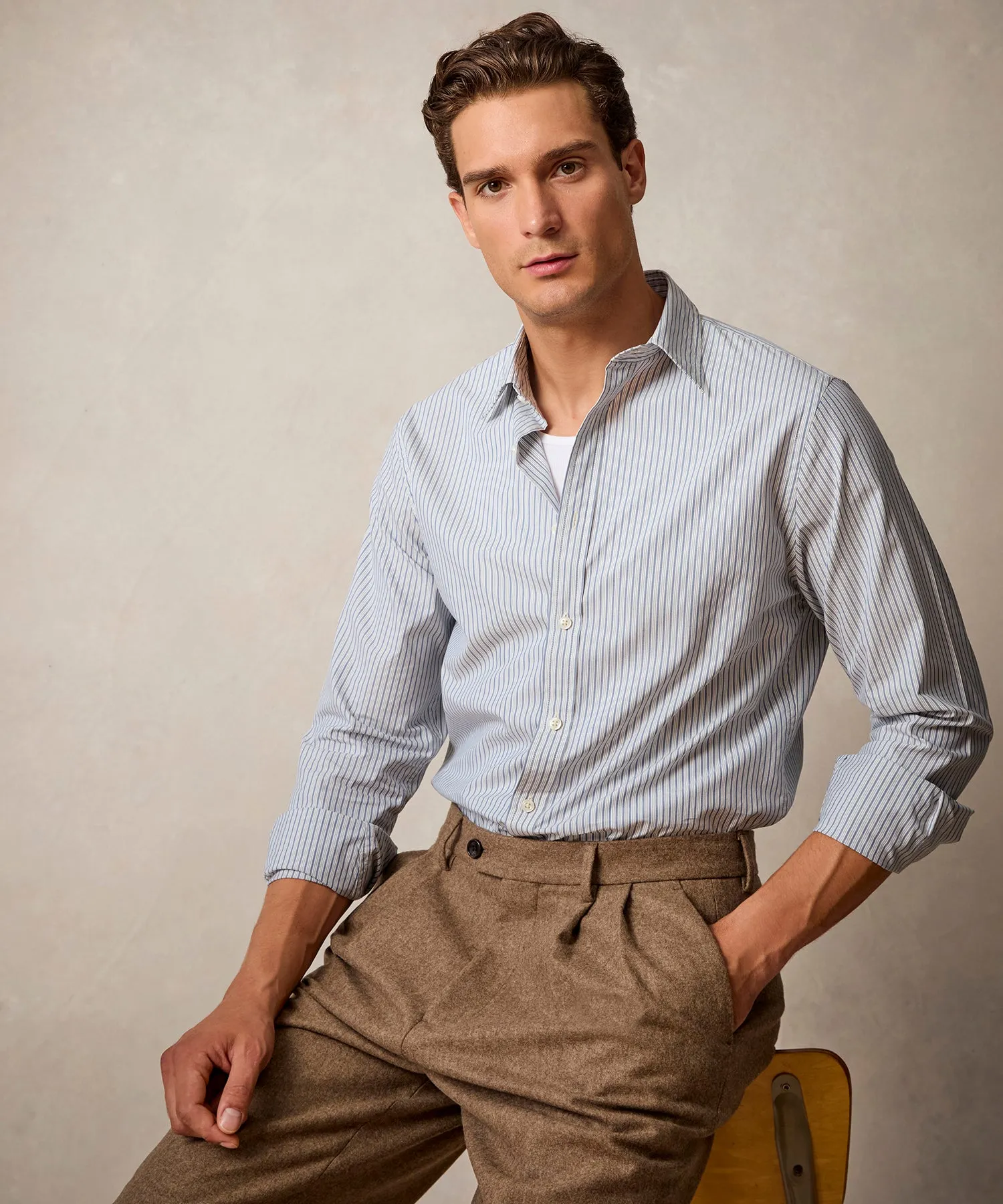 Slim Fit Poplin Sport Shirt in Blue Triple Stripe