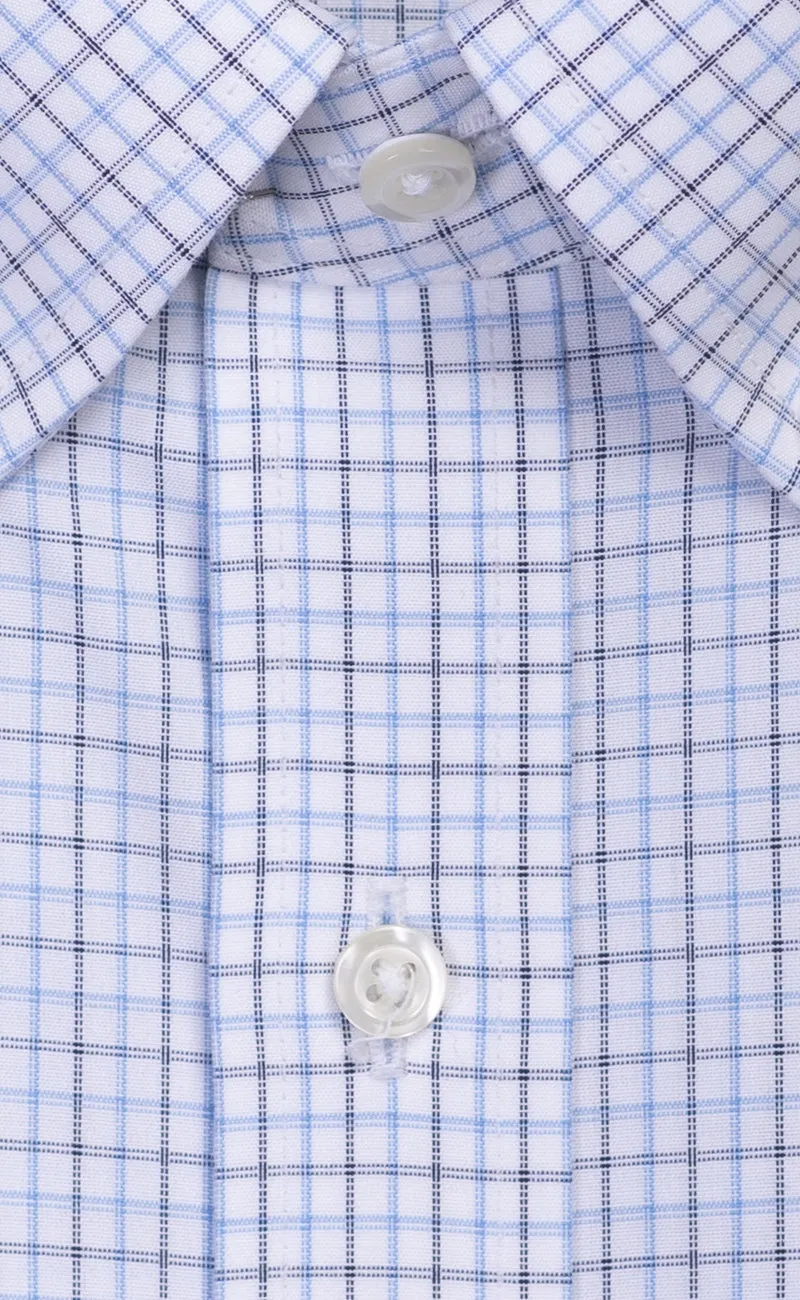Slim Fit Sky / Navy Poplin Check Button Down Collar Supima® Cotton Non-Iron Dress Shirt