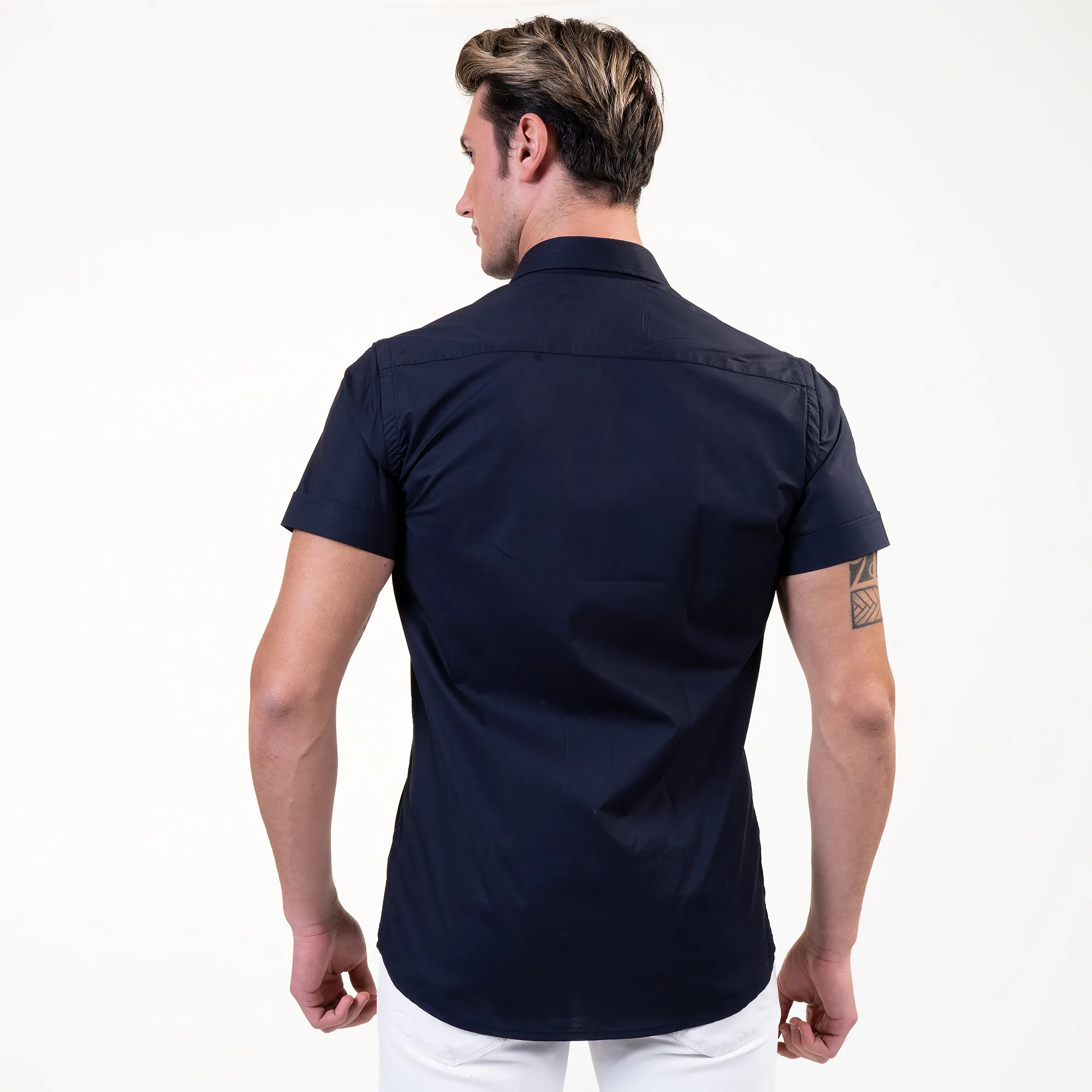 Solid Black Mens Short Sleeve Button up Shirts - Tailored Slim Fit Cotton Dress Shirts