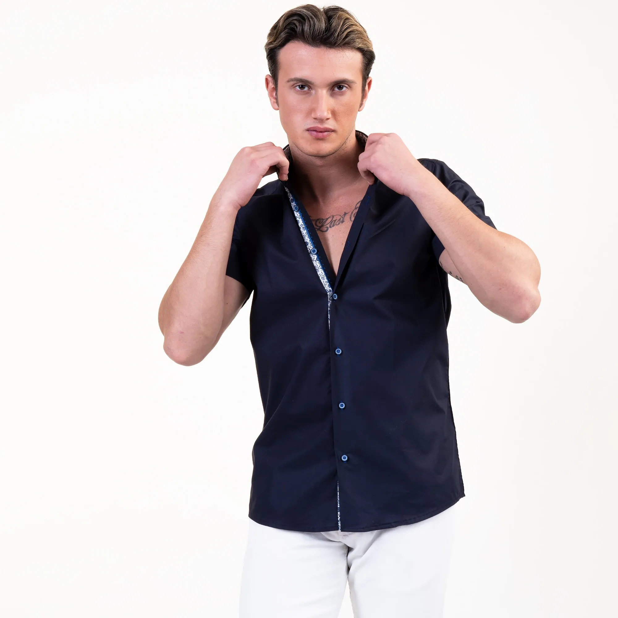 Solid Black Mens Short Sleeve Button up Shirts - Tailored Slim Fit Cotton Dress Shirts