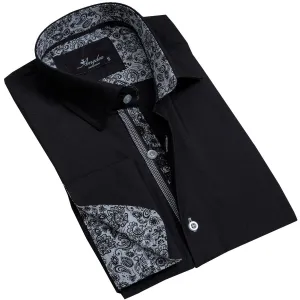 Solid Black Mens Slim Fit French Cuff Shirts with Cufflink Holes - Casual and Formal