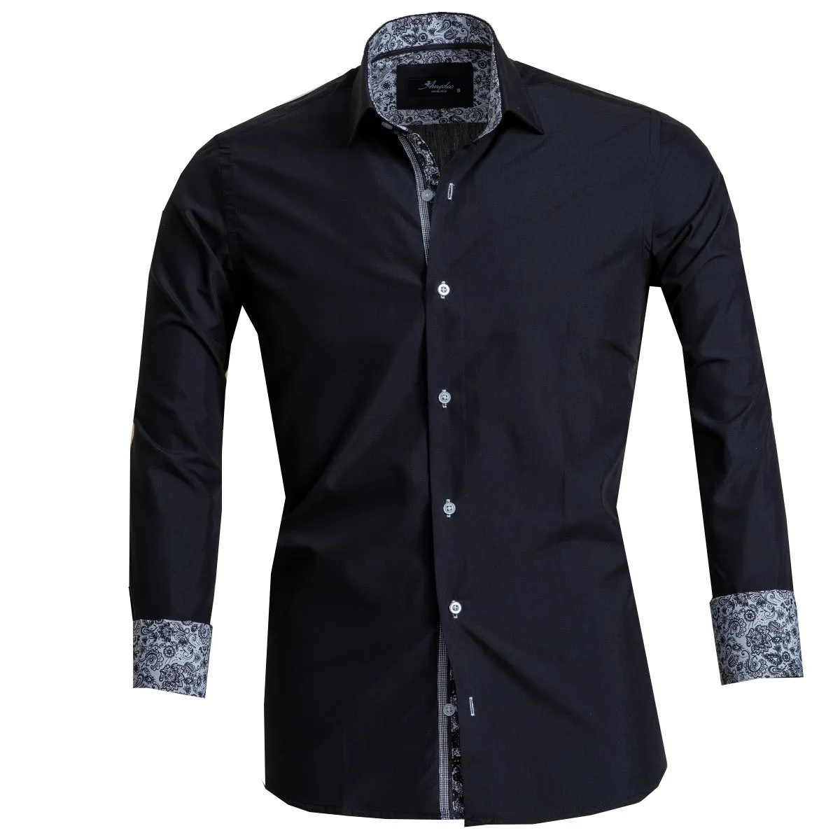 Solid Black Mens Slim Fit French Cuff Shirts with Cufflink Holes - Casual and Formal
