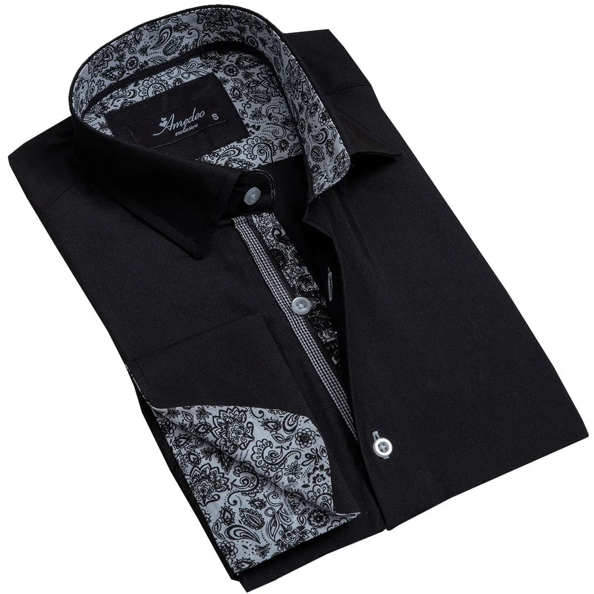 Solid Black Mens Slim Fit French Cuff Shirts with Cufflink Holes - Casual and Formal