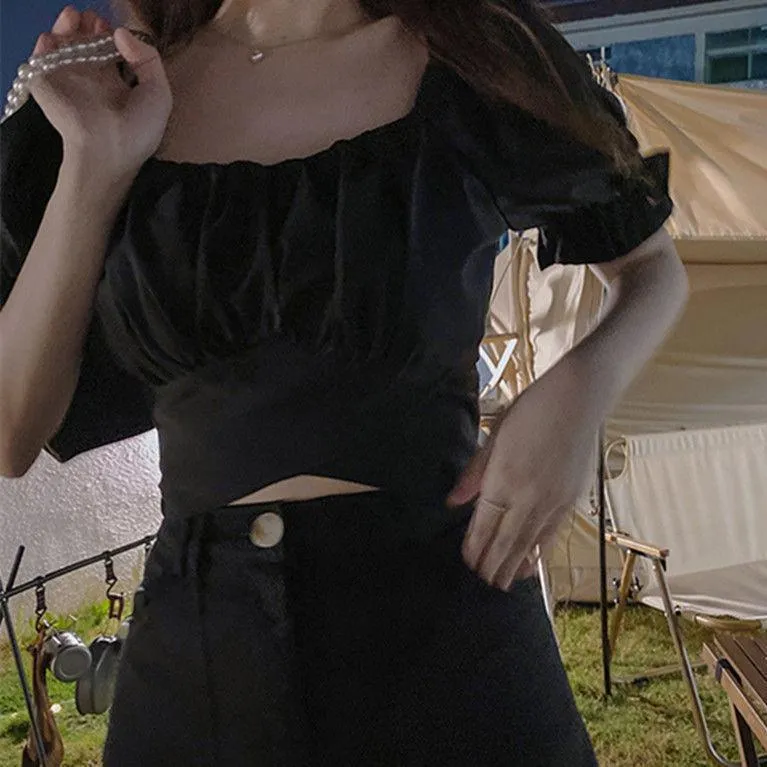 Solid Designer Slim Crop Top Bandage Square Collar
