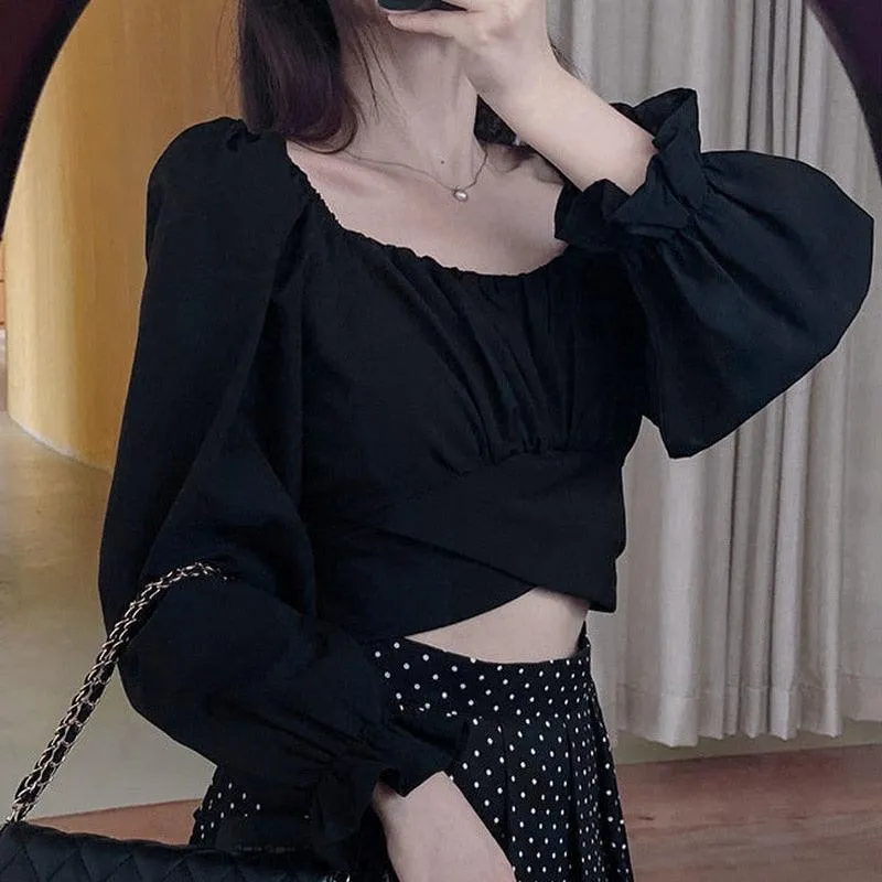 Solid Designer Slim Crop Top Bandage Square Collar