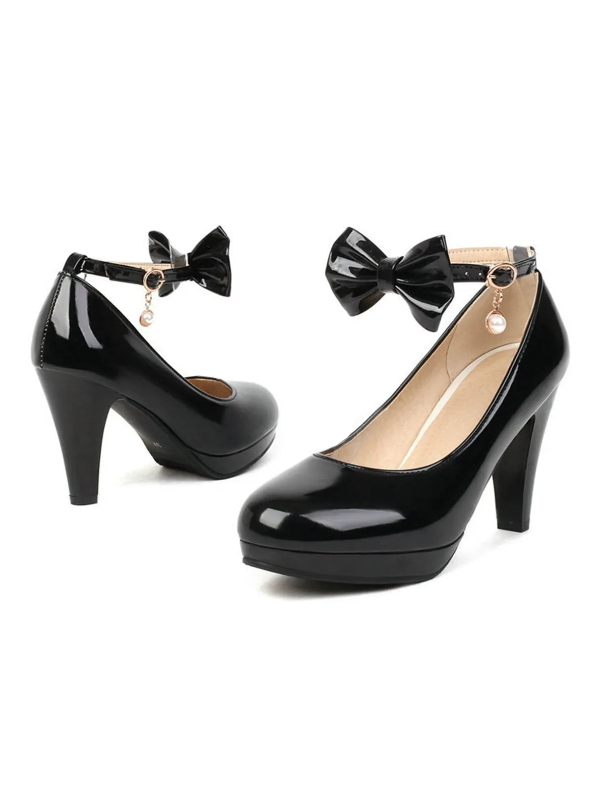 Solid Leather Bowknot Buckle Strap Chunky Heels